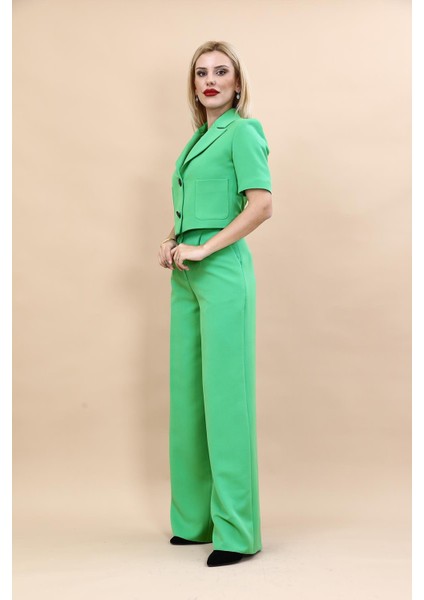 Erkek Yaka Kısa Ceket & Korsaj Kemer Palazzo Pantolon-Yeşil fiyatları