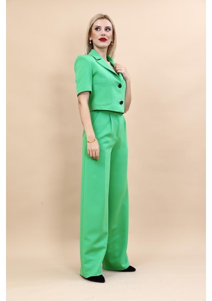 Erkek Yaka Kısa Ceket & Korsaj Kemer Palazzo Pantolon-Yeşil modelleri
