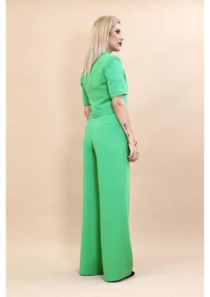 Erkek Yaka Kısa Ceket & Korsaj Kemer Palazzo Pantolon-Yeşil fırsatları