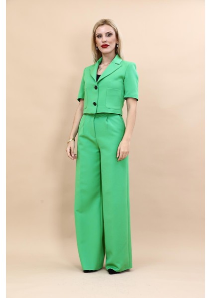 Erkek Yaka Kısa Ceket & Korsaj Kemer Palazzo Pantolon-Yeşil indirimleri