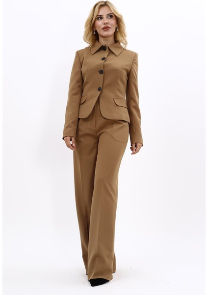 Gömlek Yaka Klasik Ceket & Korsaj Kemer Palazzo Pantolon-Camel