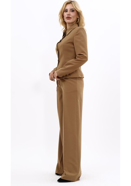 Gömlek Yaka Klasik Ceket & Korsaj Kemer Palazzo Pantolon-Camel fiyatları