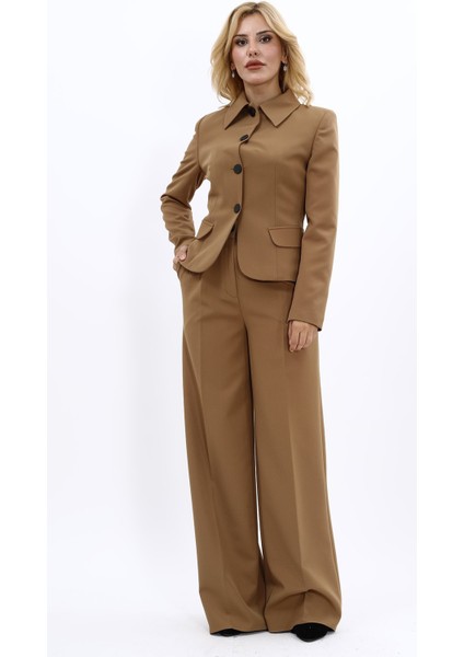 Gömlek Yaka Klasik Ceket & Korsaj Kemer Palazzo Pantolon-Camel indirimleri