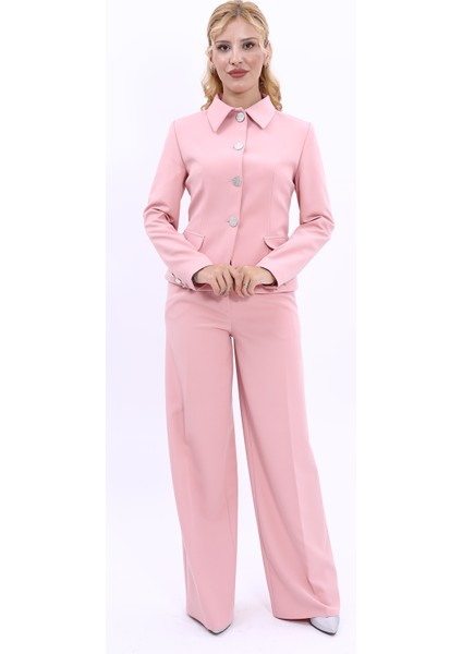 Gömlek Yaka Klasik Ceket & Korsaj Kemer Palazzo Pantolon-Pudra indirimleri