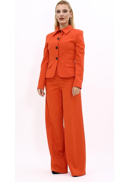 Gömlek Yaka Klasik Ceket & Korsaj Kemer Palazzo Pantolon-Turuncu