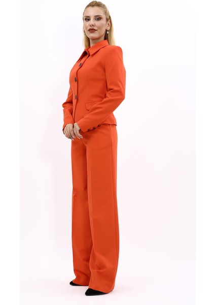 Gömlek Yaka Klasik Ceket & Korsaj Kemer Palazzo Pantolon-Turuncu modelleri