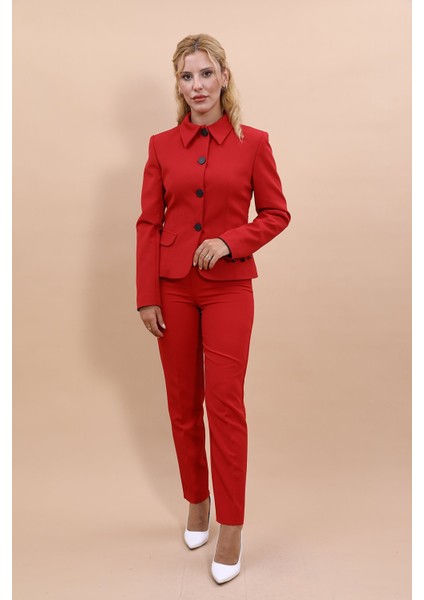 Peplum Ceket & Boru Paça Pantolon Takım-Kırmızı