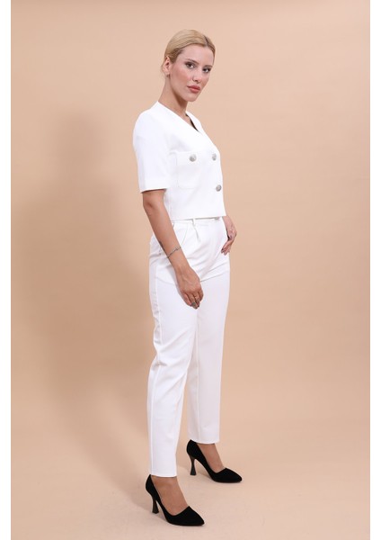 Kısa Kollu Yakasız Mini Ceket & Pileli Boru Paça Pantolon Takım-Beyaz fiyatları
