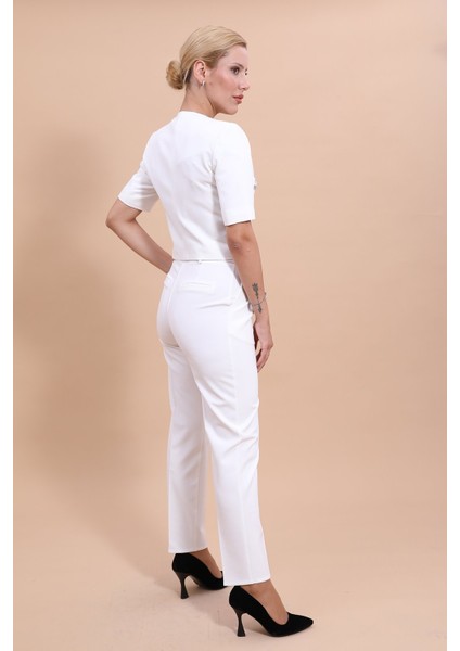Kısa Kollu Yakasız Mini Ceket & Pileli Boru Paça Pantolon Takım-Beyaz modelleri