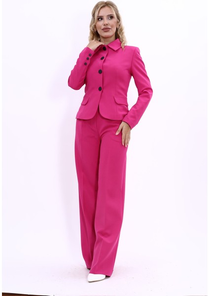 Gömlek Yaka Klasik Ceket & Korsaj Kemer Palazzo Pantolon-Fuşya