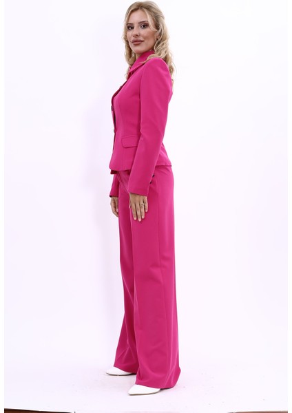 Gömlek Yaka Klasik Ceket & Korsaj Kemer Palazzo Pantolon-Fuşya fiyatları