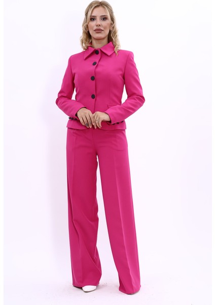 Gömlek Yaka Klasik Ceket & Korsaj Kemer Palazzo Pantolon-Fuşya indirimleri