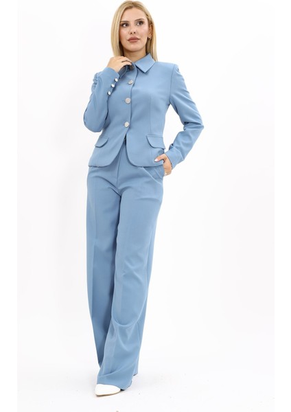 Gömlek Yaka Klasik Ceket & Korsaj Kemer Palazzo Pantolon-Deniz