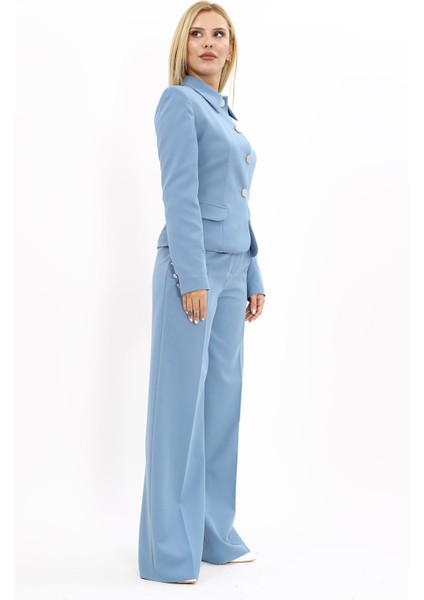 Gömlek Yaka Klasik Ceket & Korsaj Kemer Palazzo Pantolon-Deniz modelleri