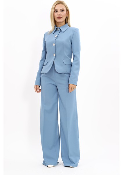 Gömlek Yaka Klasik Ceket & Korsaj Kemer Palazzo Pantolon-Deniz indirimleri