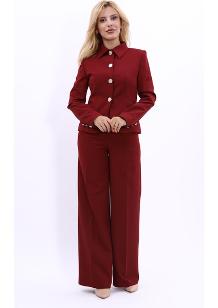 Gömlek Yaka Klasik Ceket & Korsaj Kemer Palazzo Pantolon-Bordo fırsatları
