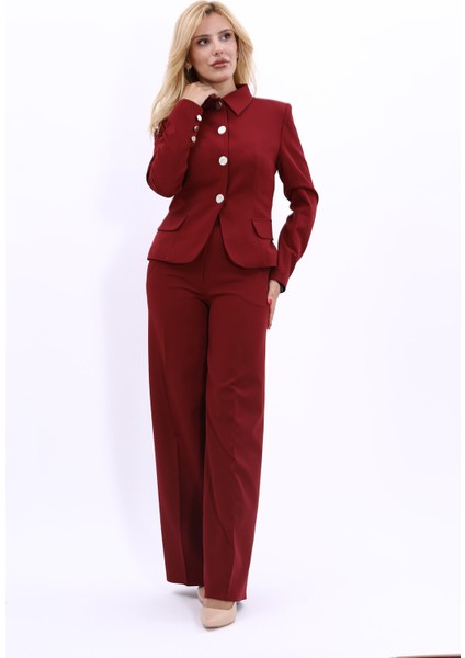 Gömlek Yaka Klasik Ceket & Korsaj Kemer Palazzo Pantolon-Bordo indirimleri
