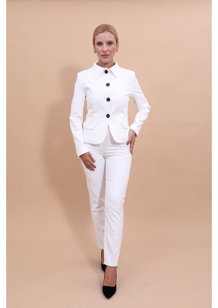 Peplum Ceket & Boru Paça Pantolon Takım-Beyaz