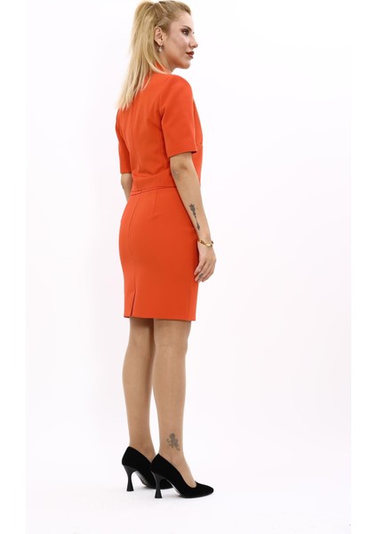 Kısa Kollu Yakalı Mini Ceket & Kısa Kalem Etek Takım-Turuncu fırsatları