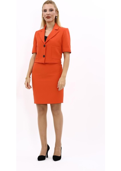 Kısa Kollu Yakalı Mini Ceket & Kısa Kalem Etek Takım-Turuncu indirimleri