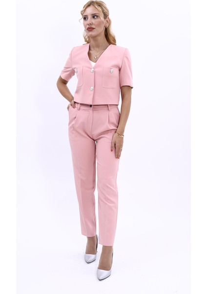 Kısa Kollu Yakasız Mini Ceket & Pileli Boru Paça Pantolon Takım-Pudra