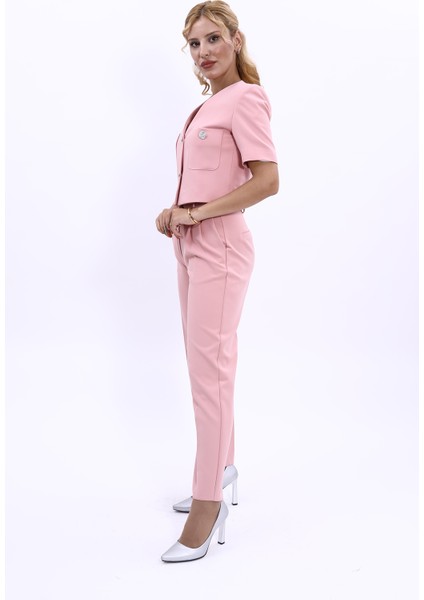 Kısa Kollu Yakasız Mini Ceket & Pileli Boru Paça Pantolon Takım-Pudra fiyatları