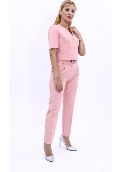 Kısa Kollu Yakasız Mini Ceket & Pileli Boru Paça Pantolon Takım-Pudra modelleri