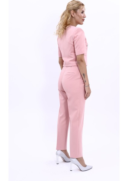 Kısa Kollu Yakasız Mini Ceket & Pileli Boru Paça Pantolon Takım-Pudra fırsatları