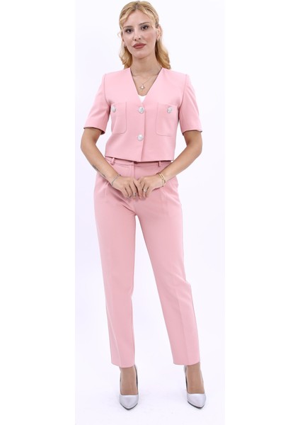 Kısa Kollu Yakasız Mini Ceket & Pileli Boru Paça Pantolon Takım-Pudra indirimleri