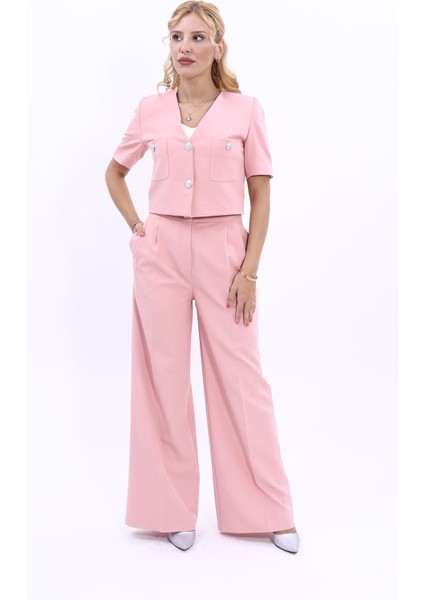 Kısa Kollu Yakasız Mini Ceket & Yüksek Bel Pileli Bol Paça Pantolon Takım-Pudra