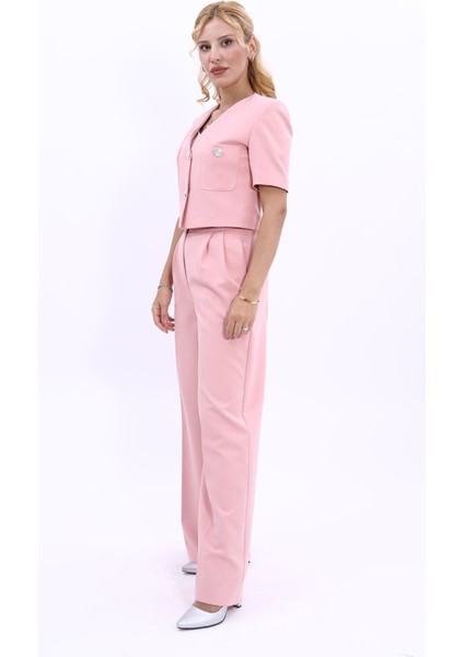 Kısa Kollu Yakasız Mini Ceket & Yüksek Bel Pileli Bol Paça Pantolon Takım-Pudra fiyatları