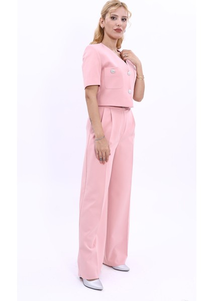 Kısa Kollu Yakasız Mini Ceket & Yüksek Bel Pileli Bol Paça Pantolon Takım-Pudra modelleri