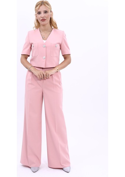 Kısa Kollu Yakasız Mini Ceket & Yüksek Bel Pileli Bol Paça Pantolon Takım-Pudra indirimleri