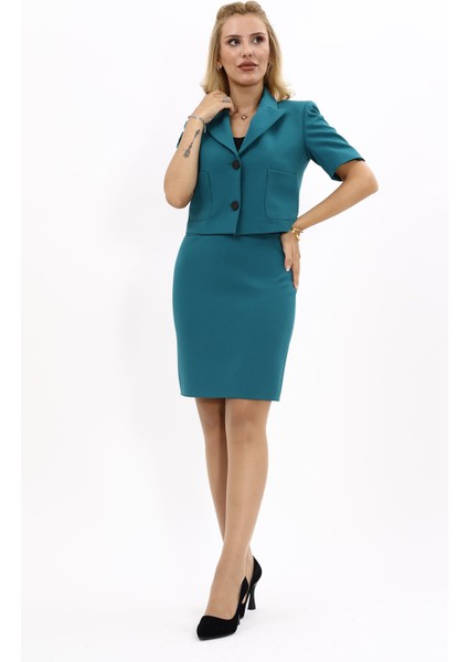 Kısa Kollu Yakalı Mini Ceket & Kısa Kalem Etek Takım-Petrol