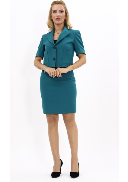 Kısa Kollu Yakalı Mini Ceket & Kısa Kalem Etek Takım-Petrol indirimleri