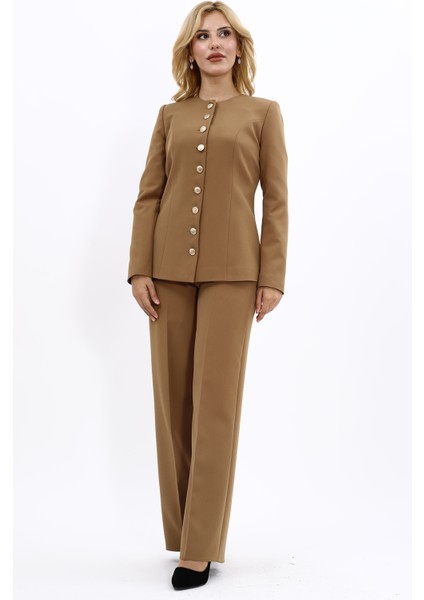Sıfır Yaka Boydan Düğmeli Ceket & Bol Paça Pantolon-Camel fiyatları