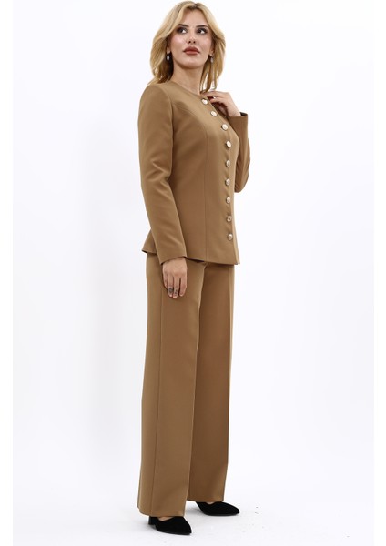 Sıfır Yaka Boydan Düğmeli Ceket & Bol Paça Pantolon-Camel fırsatları