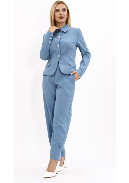 Gömlek Yaka Klasik Ceket & Paçası Pileli Pantolon-Deniz