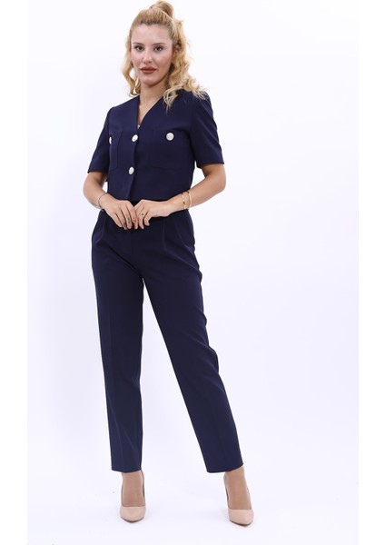 Kısa Kollu Yakasız Mini Ceket & Pileli Boru Paça Pantolon Takım-Lacivert