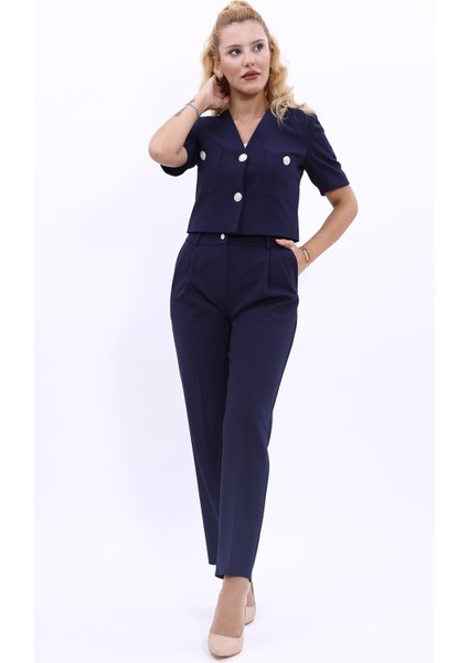 Kısa Kollu Yakasız Mini Ceket & Pileli Boru Paça Pantolon Takım-Lacivert fiyatları