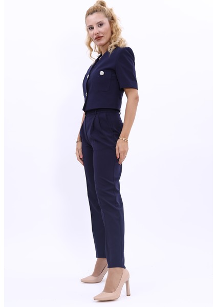 Kısa Kollu Yakasız Mini Ceket & Pileli Boru Paça Pantolon Takım-Lacivert modelleri