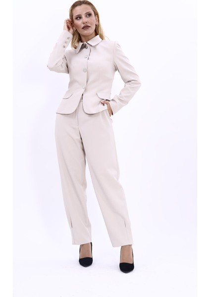 Gömlek Yaka Klasik Ceket & Paçası Pileli Pantolon-Bej