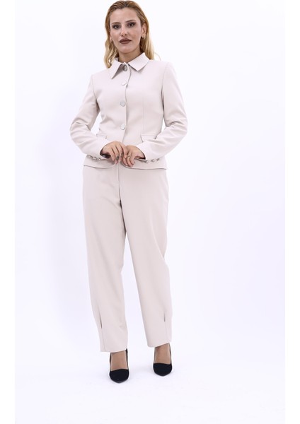 Gömlek Yaka Klasik Ceket & Paçası Pileli Pantolon-Bej indirimleri