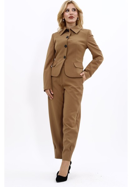 Gömlek Yaka Klasik Ceket & Paçası Pileli Pantolon-Camel