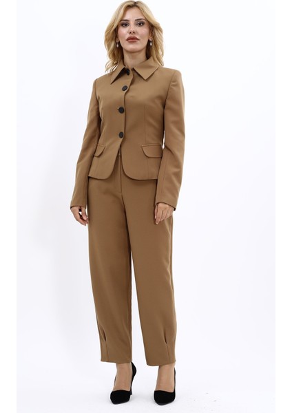 Gömlek Yaka Klasik Ceket & Paçası Pileli Pantolon-Camel indirimleri