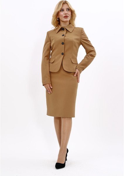 Gömlek Yaka Klasik Ceket & Düz Dar Etek-Camel