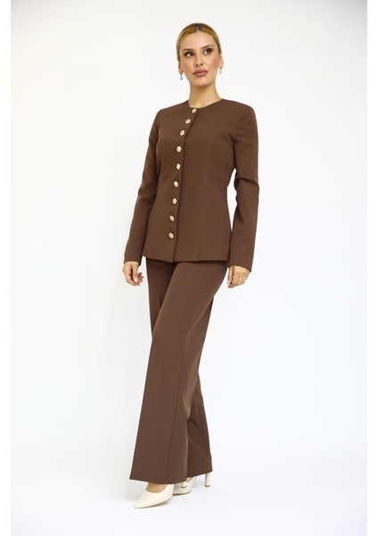 Sıfır Yaka Boydan Düğmeli Ceket & Bol Paça Pantolon-Kestane