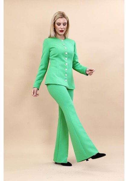 Sıfır Yaka Boydan Düğmeli Ceket & İspanyol Paça Pantolon-Yeşil