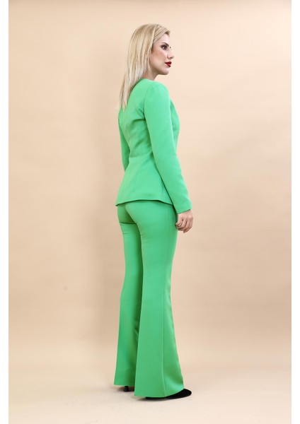 Sıfır Yaka Boydan Düğmeli Ceket & İspanyol Paça Pantolon-Yeşil fiyatları