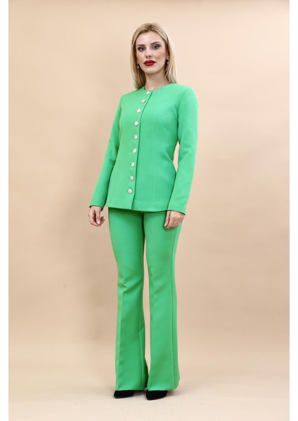 Sıfır Yaka Boydan Düğmeli Ceket & İspanyol Paça Pantolon-Yeşil modelleri